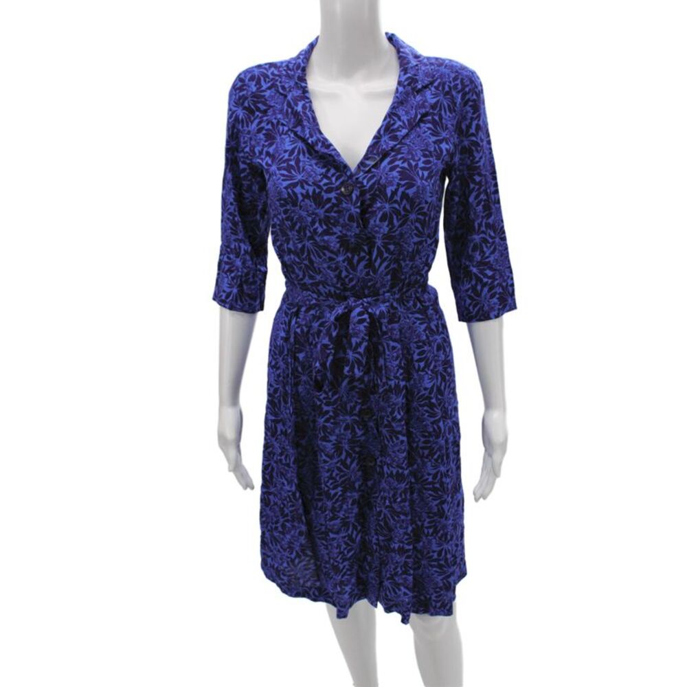 Agnes B Womens Blue Viscose Shirt Dress Button Collared 3/4 Sleeve Size 36